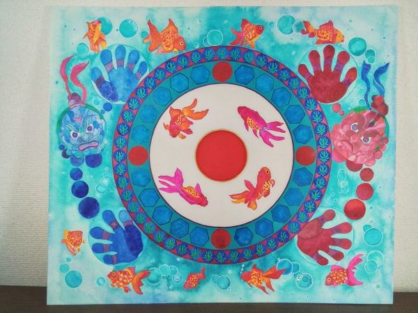 金魚　goldfish 水彩　紙　ジャパン　阿形吽形　守り神　結界
